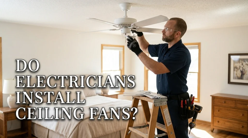 Do electricians install ceiling fans: electrician mounting a ceiling fan in a bedroom (AI-generated image)