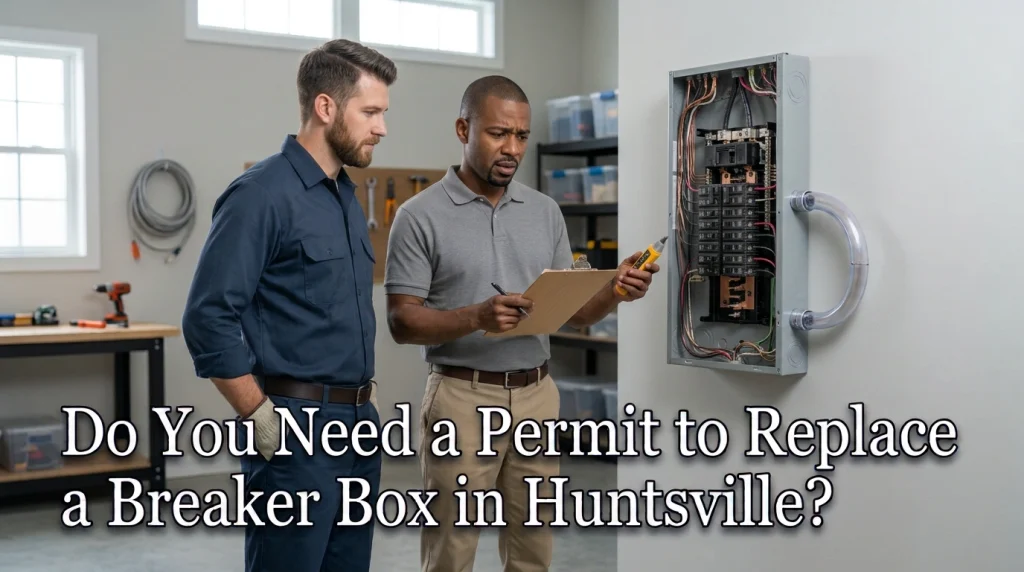 Do you need a permit to replace a breaker box in Huntsville: electrician and inspector beside a new electrical panel (AI-generated image)