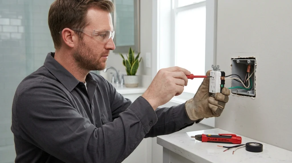 GFCI outlet installation Huntsville AL: a new GFCI outlet with test and reset buttons in a home kitchen (illustration)
