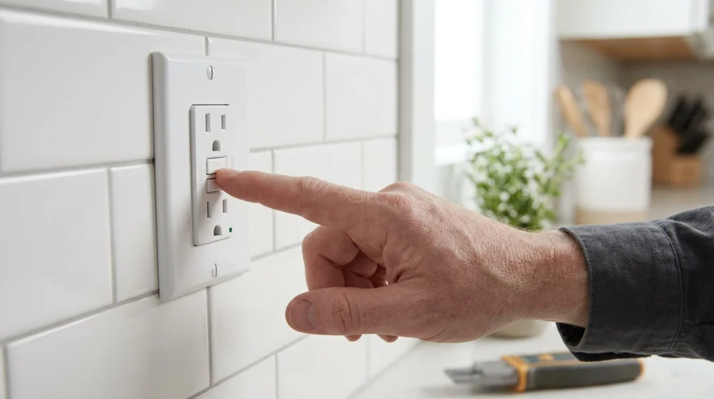 Licensed electrician finishing a GFCI outlet installation in a Huntsville bathroom (illustration)