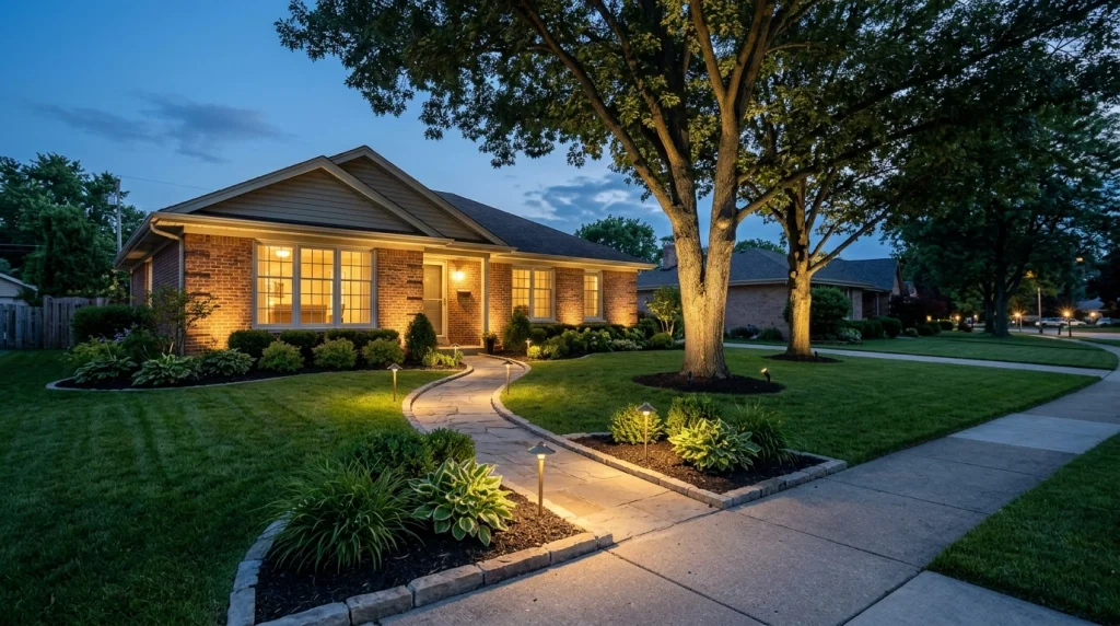 Landscape lighting electrician installing path lights and uplights in a front yard at dusk (AI-generated image)
