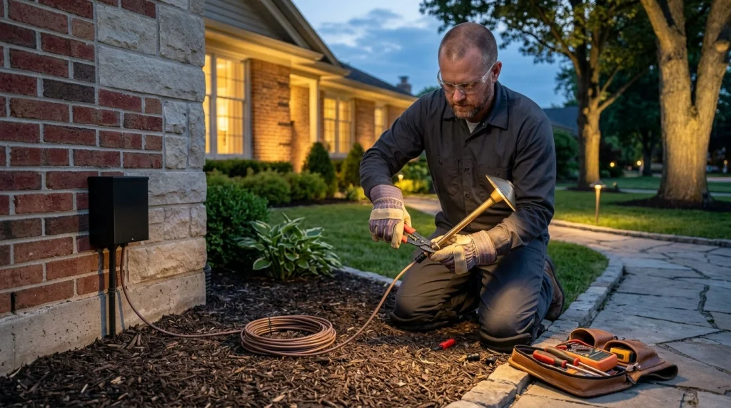 Licensed landscape lighting electrician mounting a transformer and checking outdoor wiring beside a home (AI-generated image)