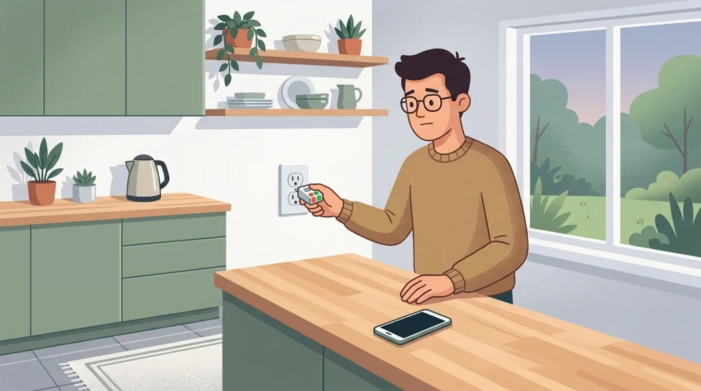 Homeowner using a plug-in tester on a plug socket not working in a kitchen (illustration)