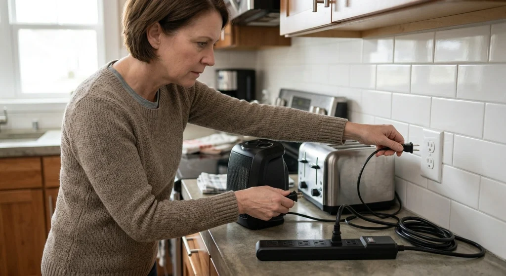 Homeowner unplugging devices to find out why a breaker keeps tripping in a home (illustration)