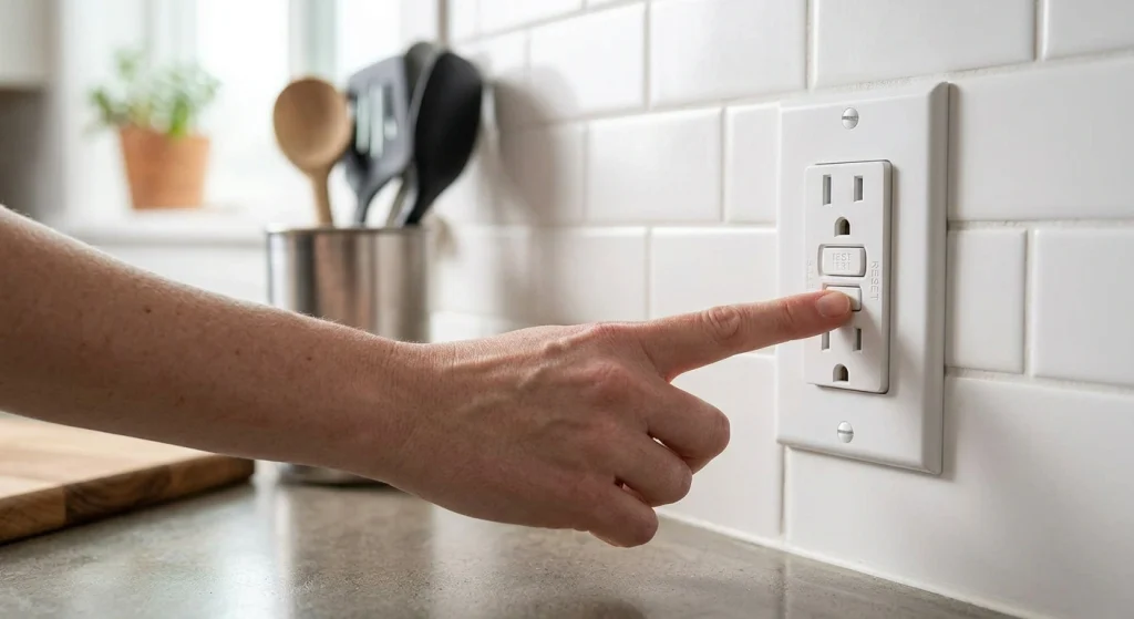 GFCI won't reset: a homeowner pressing the reset button on a GFCI outlet in a kitchen (illustration)