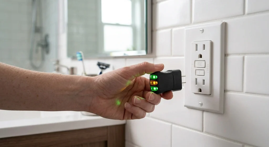 Homeowner checking a bathroom GFCI that won't reset with a plug-in outlet tester (illustration)