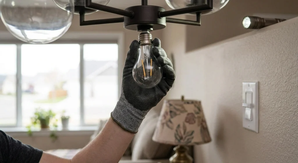 Homeowner checking a dimmer switch and bulb to find why the lights are flickering (illustration)