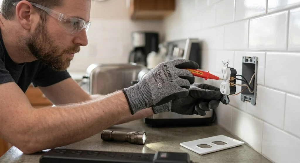 Electrician inspecting a loose wire connection behind an outlet hot to touch in a home (illustration)