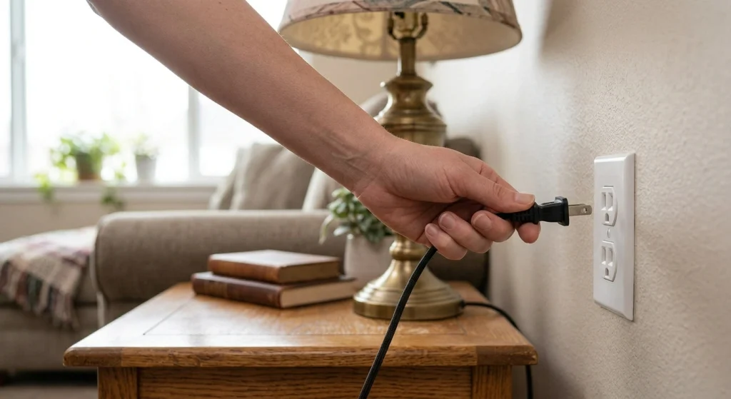 Outlet sparks when a plug is pushed in: a homeowner pausing before plugging a device into a wall outlet (illustration)