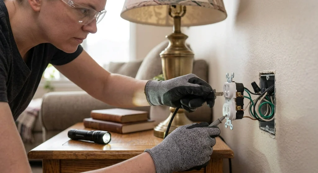 Electrician checking a wall outlet that sparks, with a voltage tester and the cover plate removed (illustration)